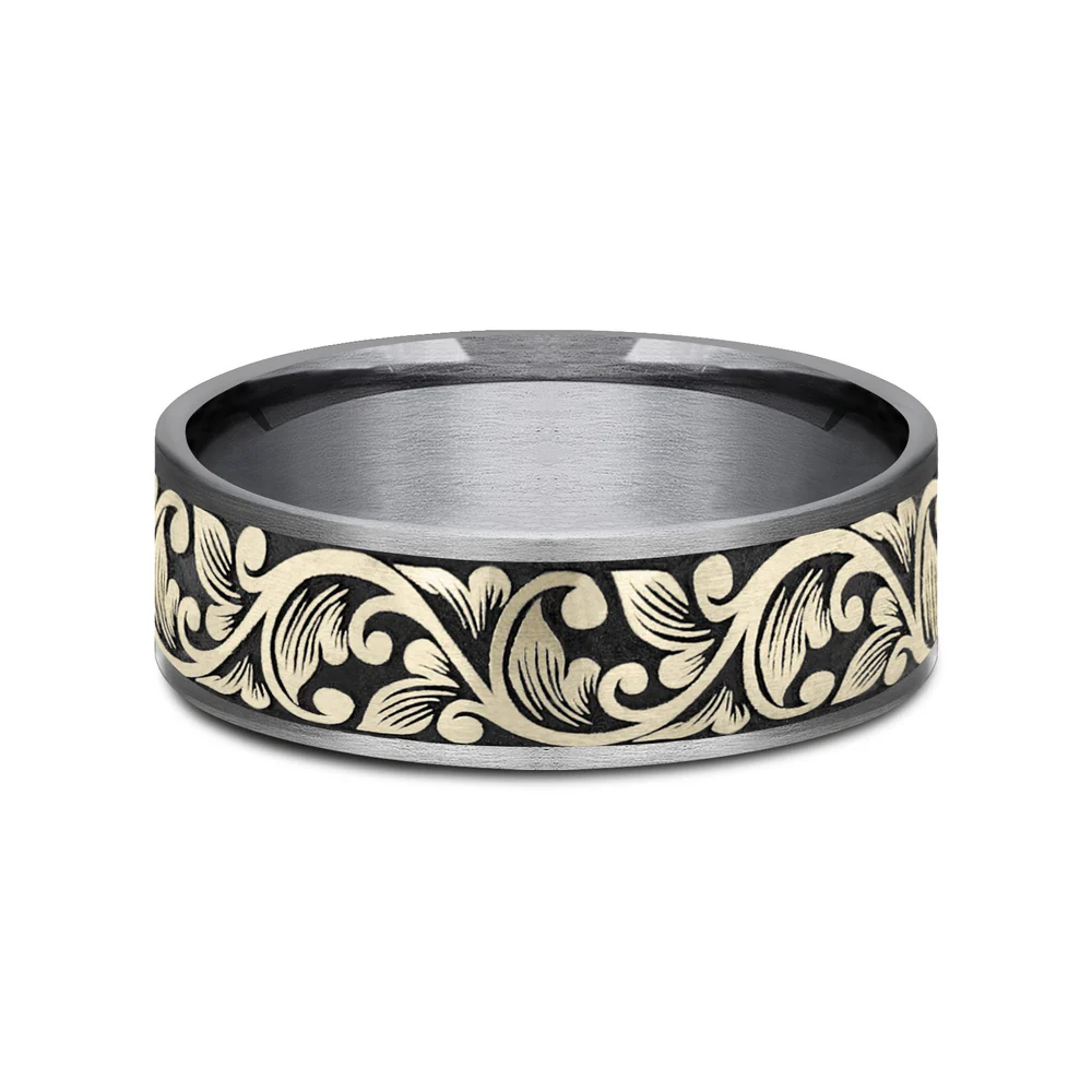The Palazzo Men's Wedding Band in Grey Tantalum and 14K Yellow Gold - 7.5mm Width by Ammara Stone - Image 3