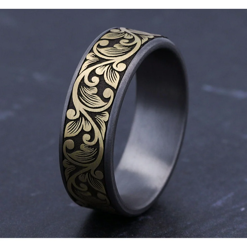 The Palazzo Men's Wedding Band in Grey Tantalum and 14K Yellow Gold - 7.5mm Width by Ammara Stone - Image 4