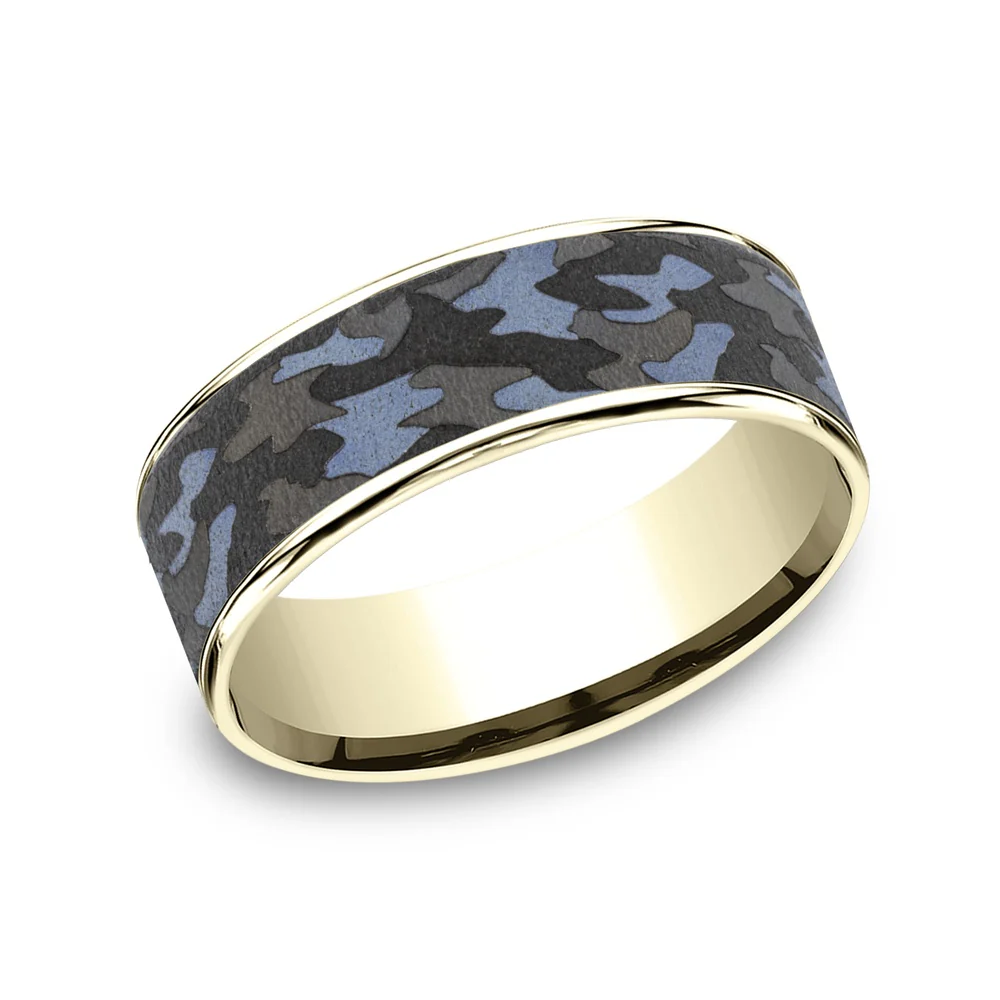 The Patriot Men's Wedding Band in 14K Yellow Gold and Grey Tantalum - 7.5mm Width by Ammara Stone