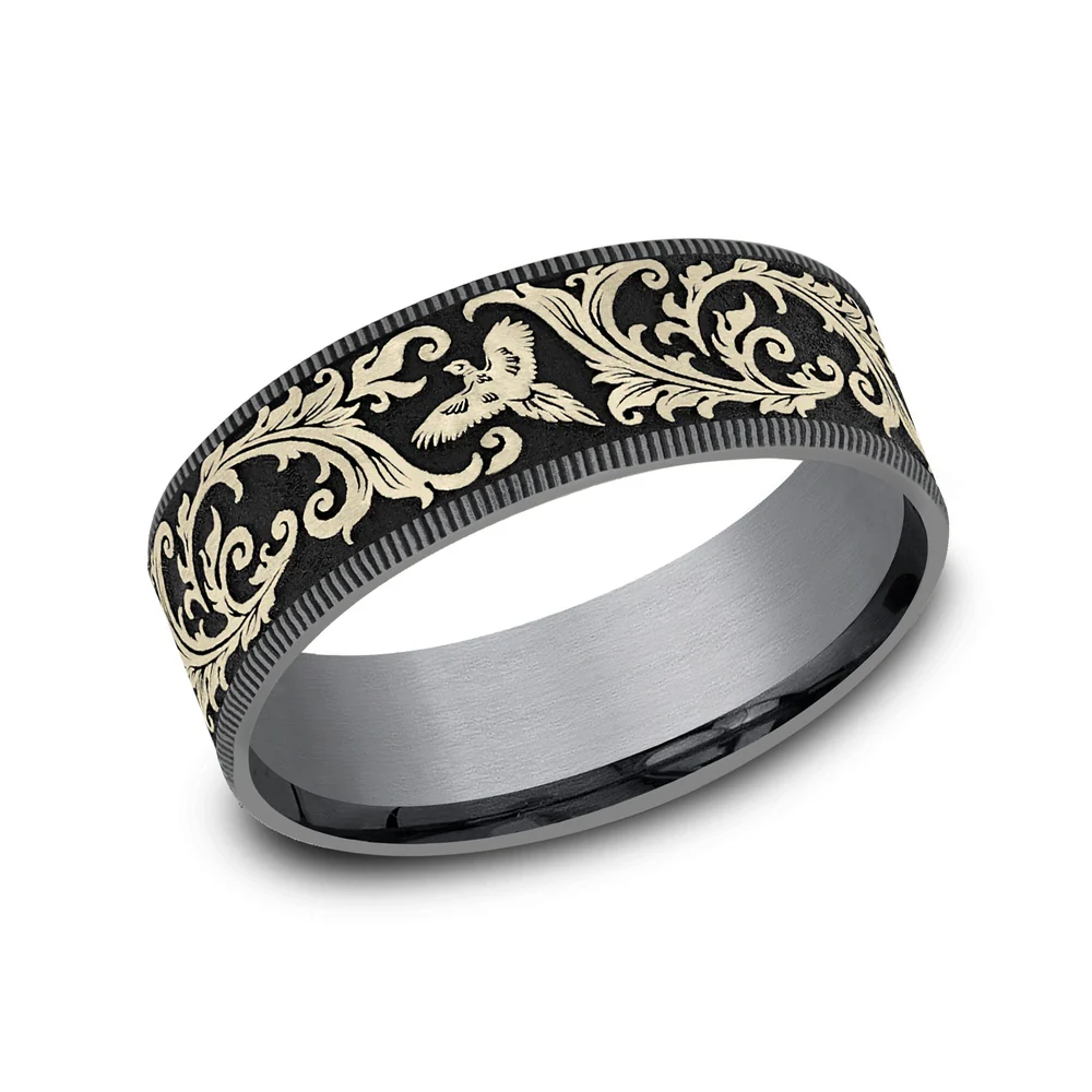 The Pheasant Men's Wedding Band in Grey Tantalum and 14K Yellow Gold - 7.5mm Width by Brook and Branch