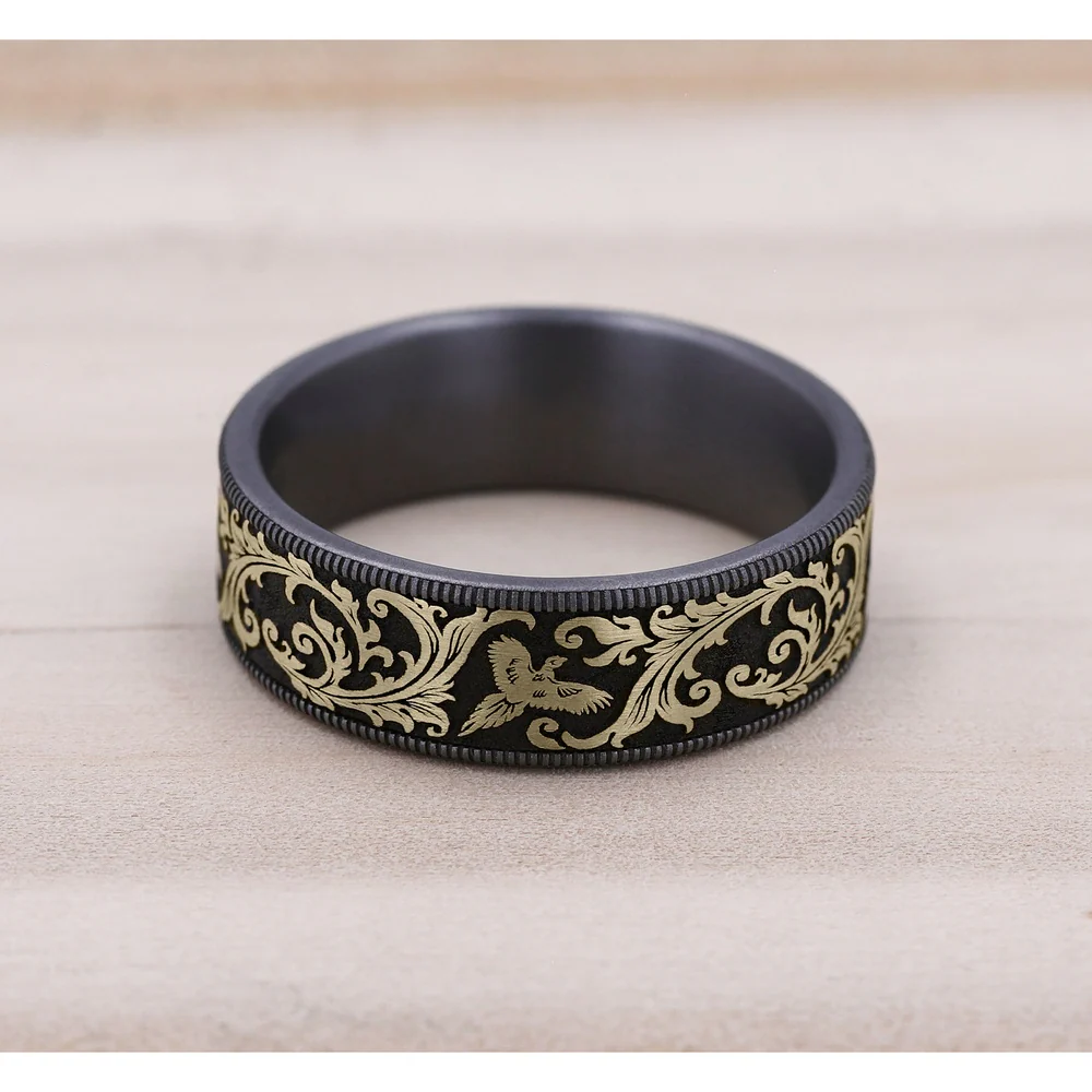 The Pheasant Men's Wedding Band in Grey Tantalum and 14K Yellow Gold - 7.5mm Width by Brook and Branch - Image 4