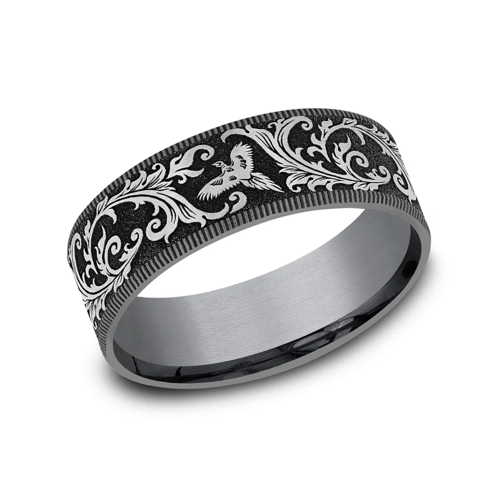 The Pheasant Men's Wedding Band in Grey Tantalum and Grey/Black Titanium - 7.5mm Width by Brook and Branch