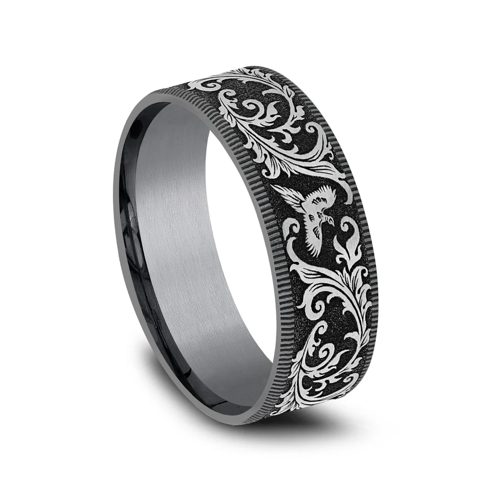 The Pheasant Men's Wedding Band in Grey Tantalum and Grey/Black Titanium - 7.5mm Width by Brook and Branch - Image 2