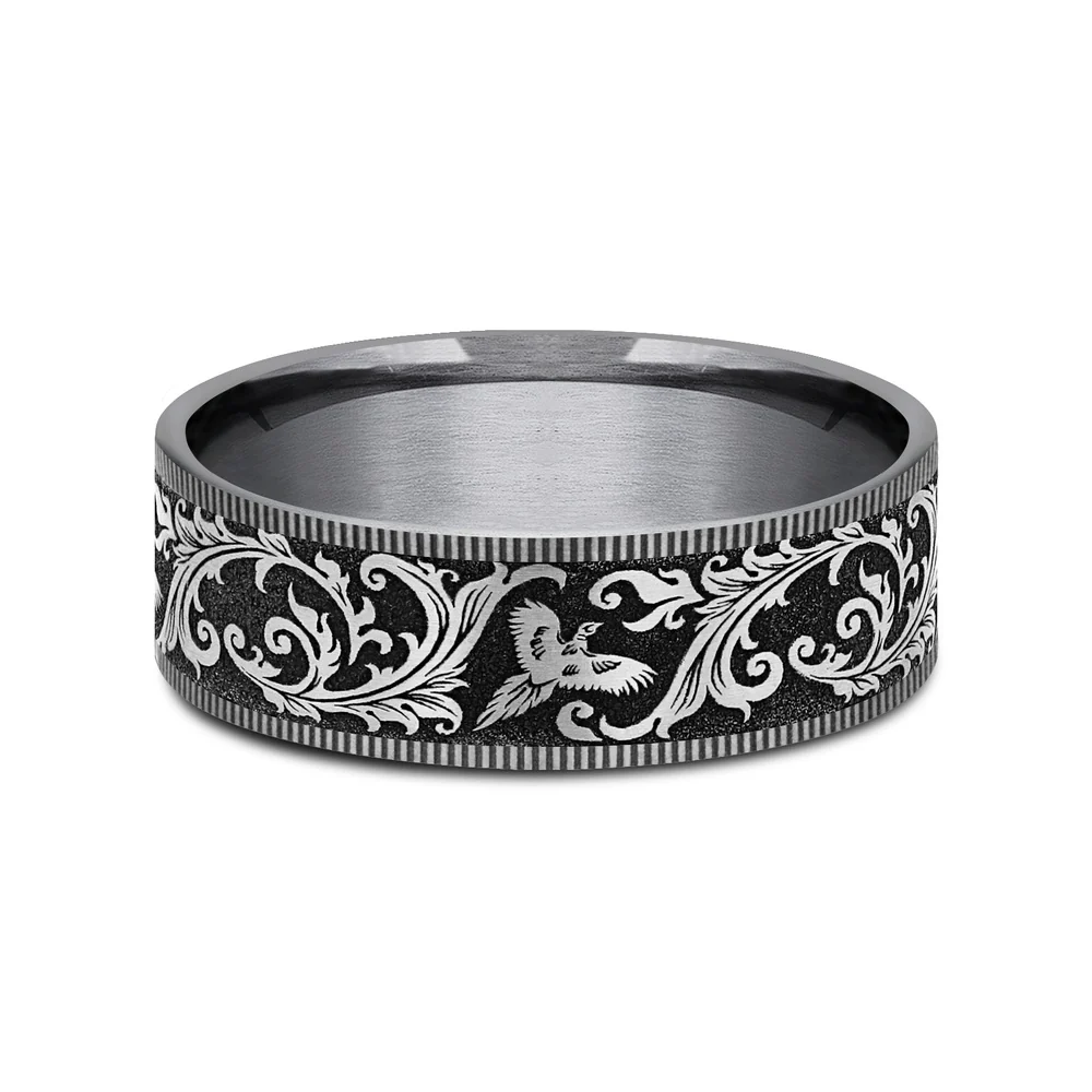 The Pheasant Men's Wedding Band in Grey Tantalum and Grey/Black Titanium - 7.5mm Width by Brook and Branch - Image 3