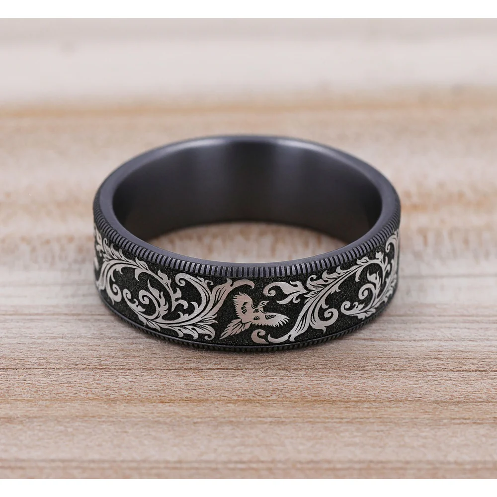 The Pheasant Men's Wedding Band in Grey Tantalum and Grey/Black Titanium - 7.5mm Width by Brook and Branch - Image 4
