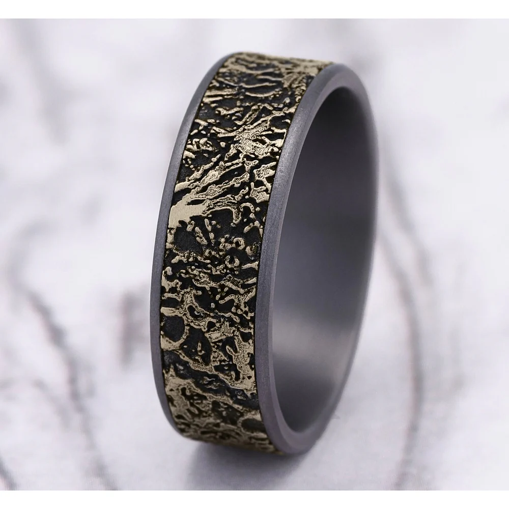 The Pollock Men's Wedding Band in Grey Tantalum and 14K Yellow Gold - 7.5mm Width by Ammara Stone - Image 4