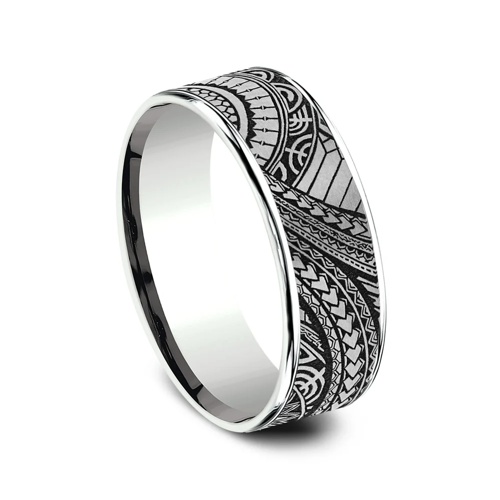 The Polynesian Men's Wedding Band in 14K White Gold and Grey-Black Titanium - 7.5mm Width by Ammara Stone - Image 2