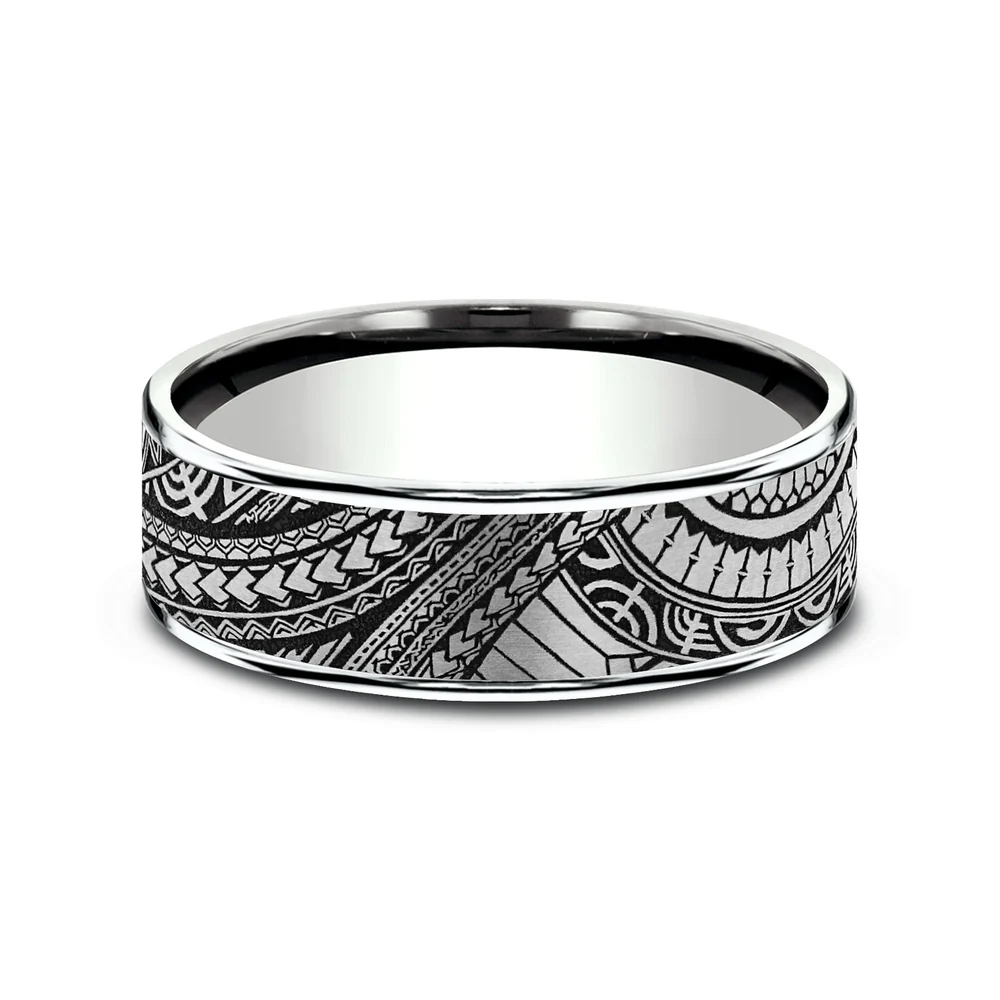 The Polynesian Men's Wedding Band in 14K White Gold and Grey-Black Titanium - 7.5mm Width by Ammara Stone - Image 3
