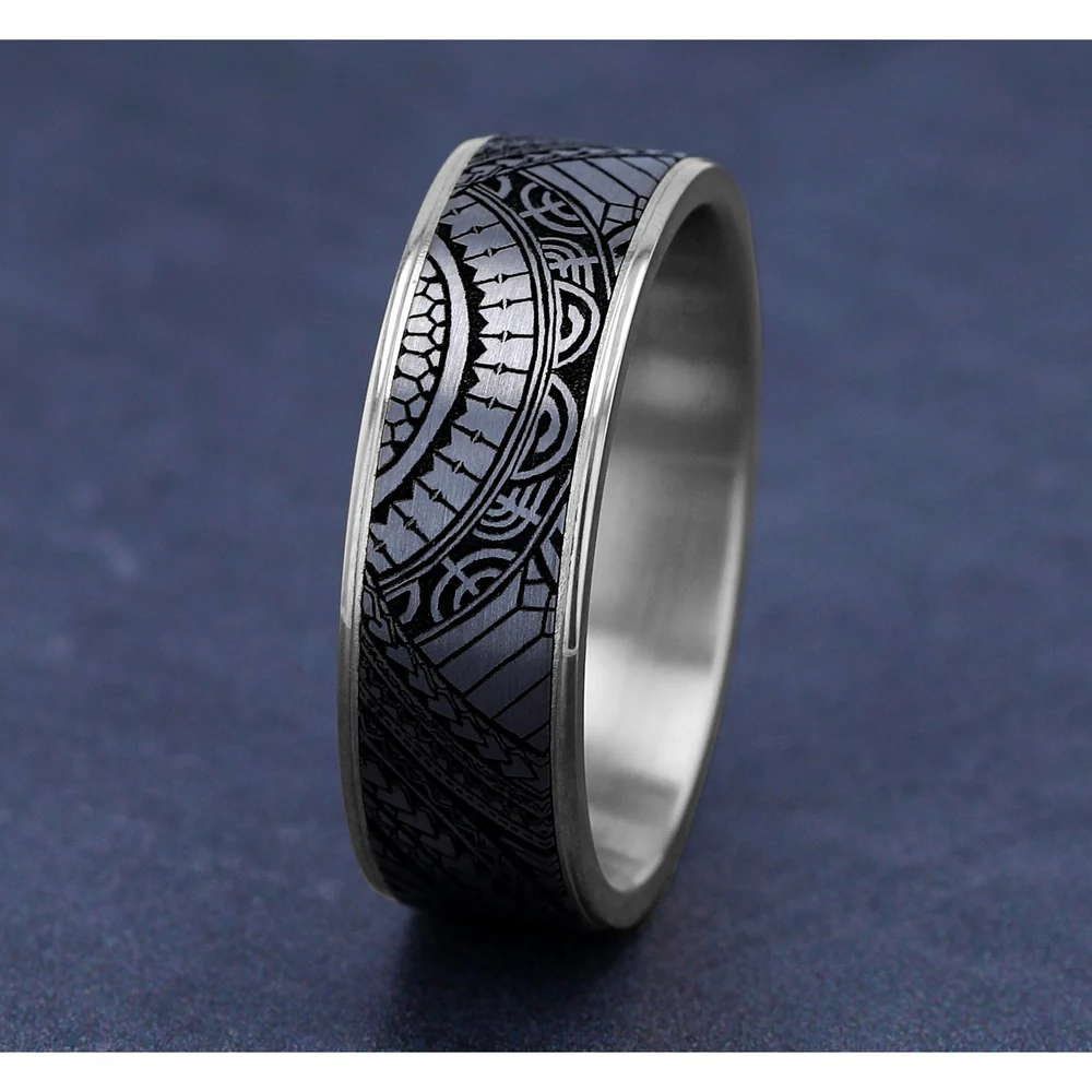 The Polynesian Men's Wedding Band in 14K White Gold and Grey-Black Titanium - 7.5mm Width by Ammara Stone - Image 4