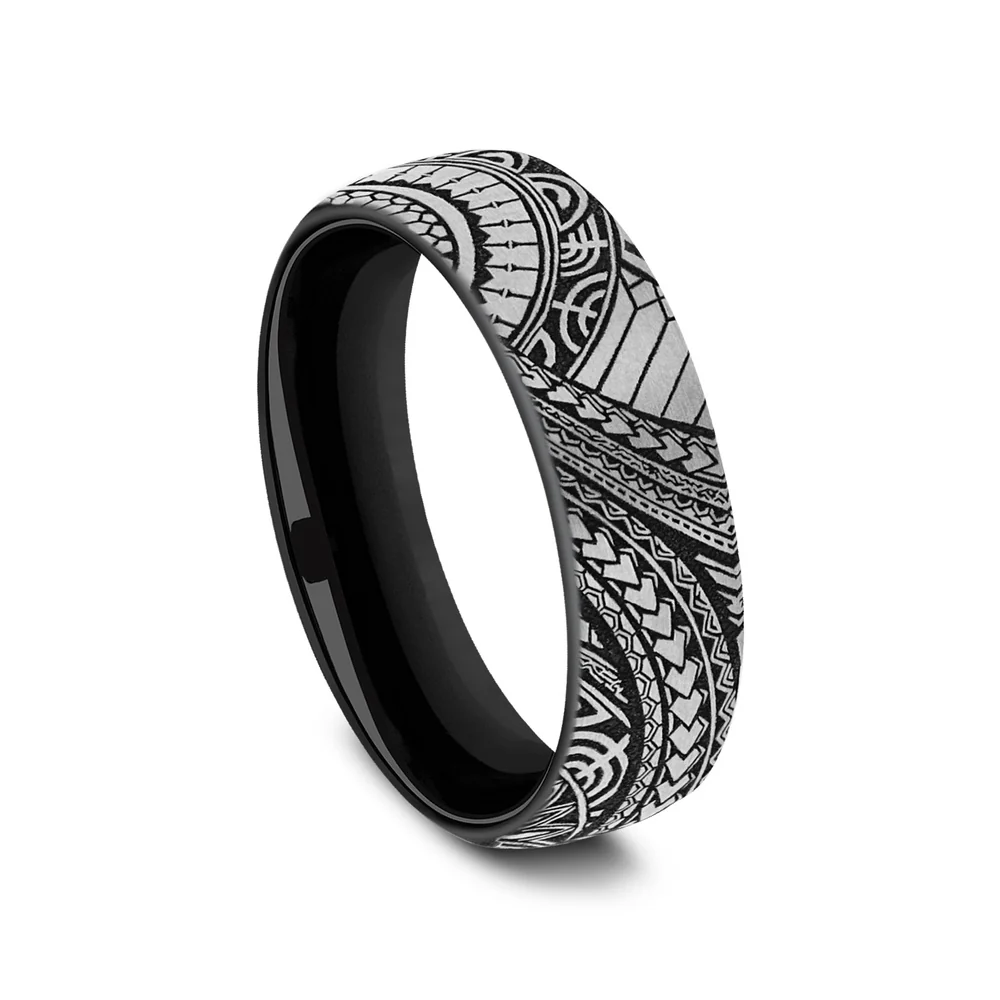The Polynesian Men's Wedding Band in Grey-Black Titanium - 6.5mm Width by Forge - Image 2