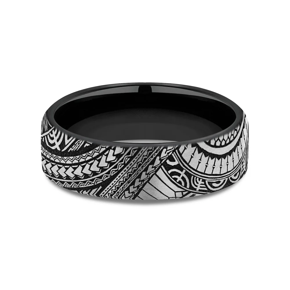 The Polynesian Men's Wedding Band in Grey-Black Titanium - 6.5mm Width by Forge - Image 3