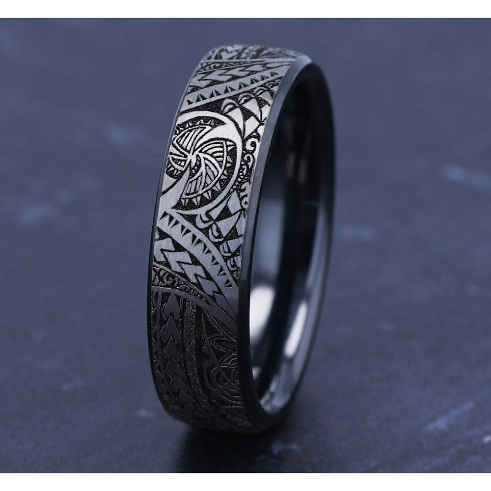 The Polynesian Men's Wedding Band in Grey-Black Titanium - 6.5mm Width by Forge - Image 4