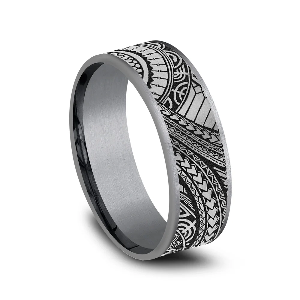 The Polynesian Men's Wedding Band in Grey Tantalum and Grey-Black Titanium - 7.5mm Width by Tantalum - Image 2