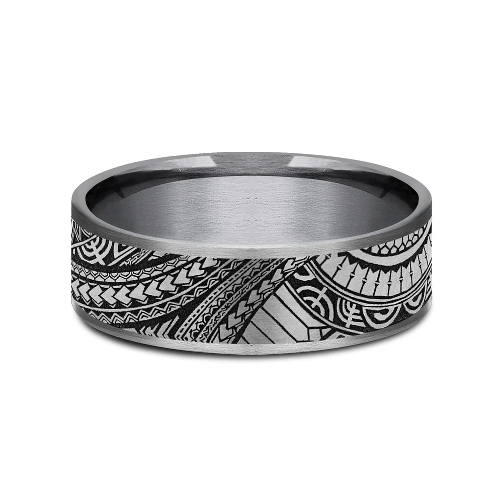 The Polynesian Men's Wedding Band in Grey Tantalum and Grey-Black Titanium - 7.5mm Width by Tantalum - Image 3