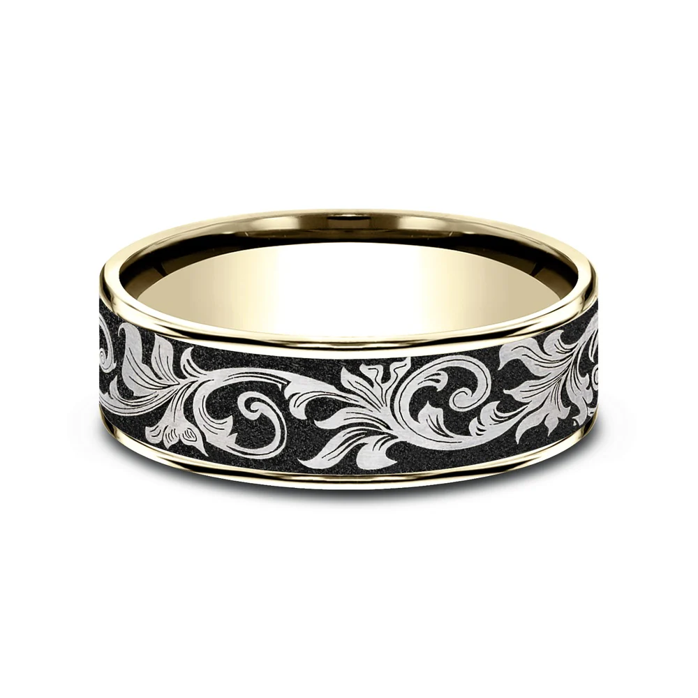 The Prince Men's Wedding Band in 14K Yellow Gold and Grey/Black Titanium - 7.5mm Width by Ammara Stone - Image 3