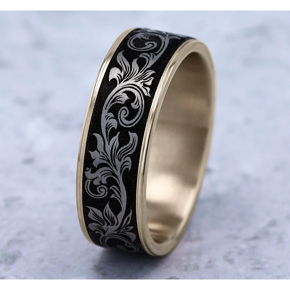 The Prince Men's Wedding Band in 14K Yellow Gold and Grey/Black Titanium - 7.5mm Width by Ammara Stone - Image 4