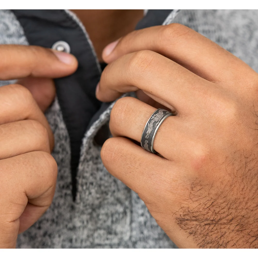 The Protector Men's Wedding Band in 14K White Gold and Darkened Tantalum - 7.5mm Width by Ammara Stone - Image 5