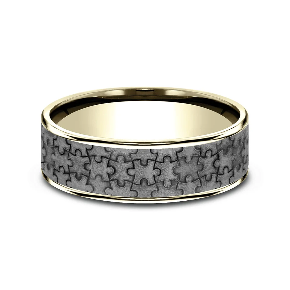 The Puzzle Men's Wedding Band in 14K Yellow Gold and Grey Tantalum - 7.5mm Width by Ammara Stone - Image 3