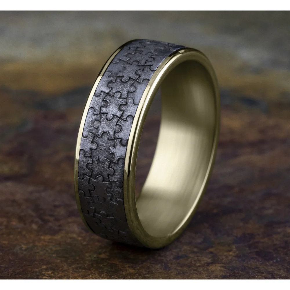 The Puzzle Men's Wedding Band in 14K Yellow Gold and Grey Tantalum - 7.5mm Width by Ammara Stone - Image 4