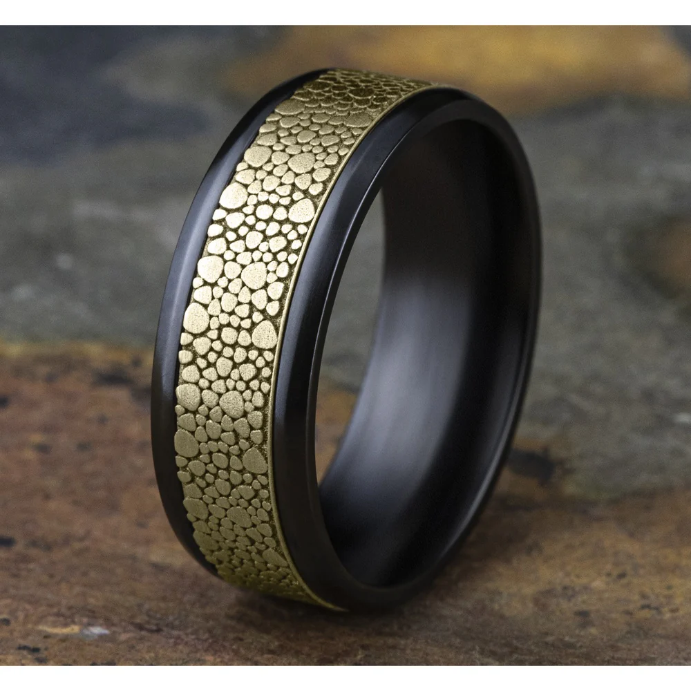 The Quarry Men's Wedding Band in Black Titanium and 14K Yellow Gold - 8mm Width by Ammara Stone - Image 4