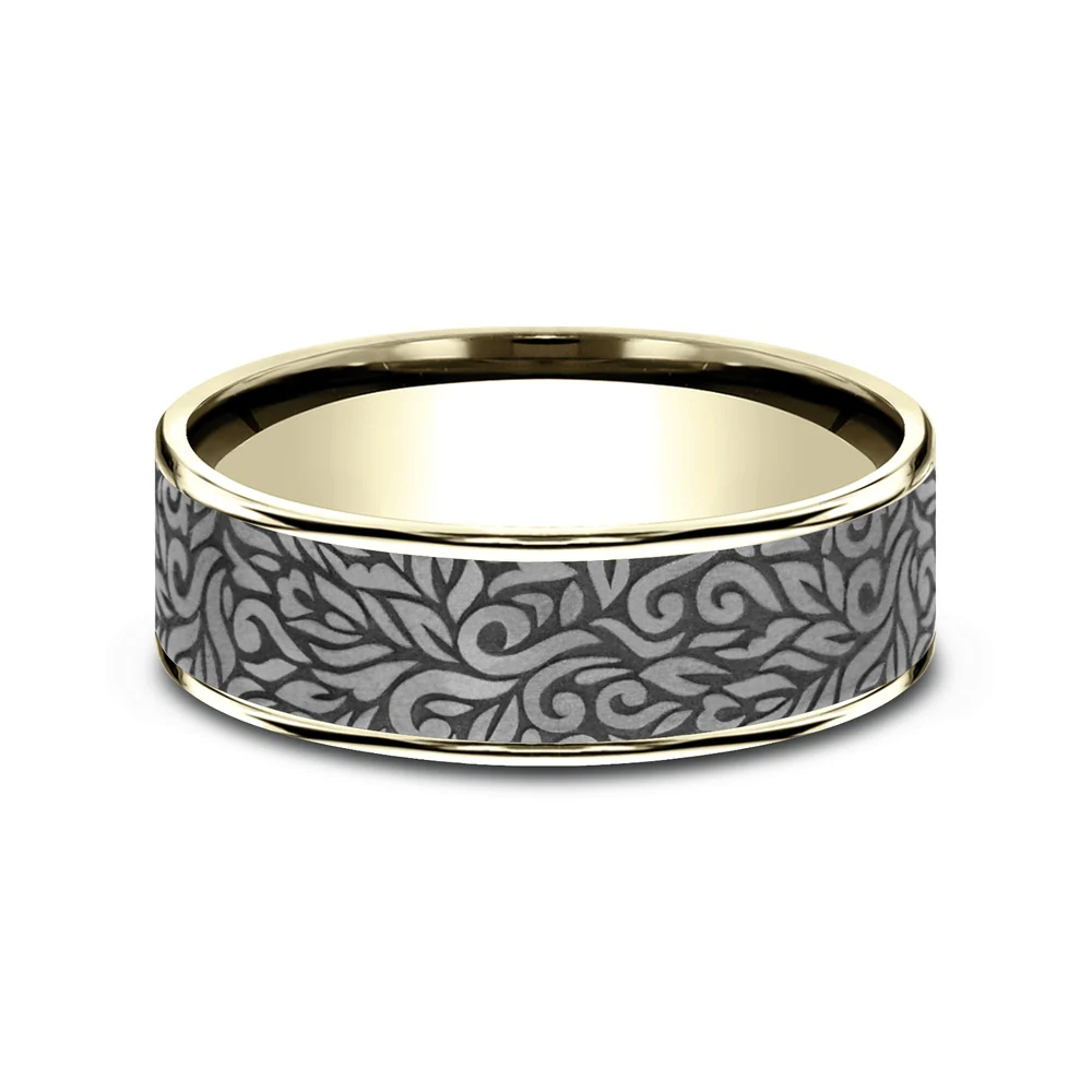 The Ranch Men's Wedding Band in 14K Yellow Gold and Grey Tantalum - 7.5mm Width by Ammara Stone - Image 3