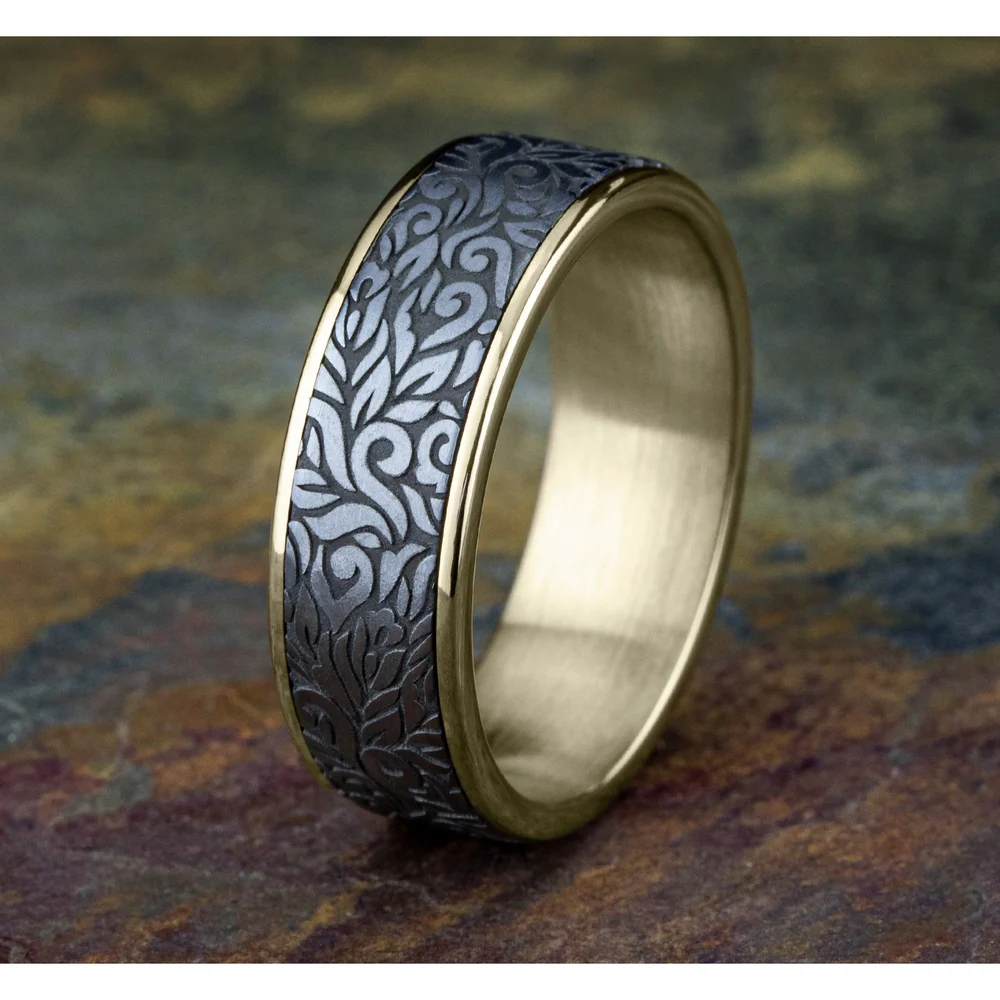 The Ranch Men's Wedding Band in 14K Yellow Gold and Grey Tantalum - 7.5mm Width by Ammara Stone - Image 4