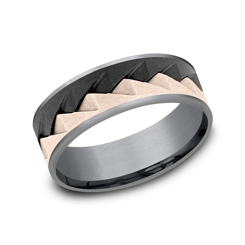 The Range Men's Wedding Band in Grey Tantalum, Black Titanium, and 14K Rose Gold - 7.5mm Width by Ammara Stone