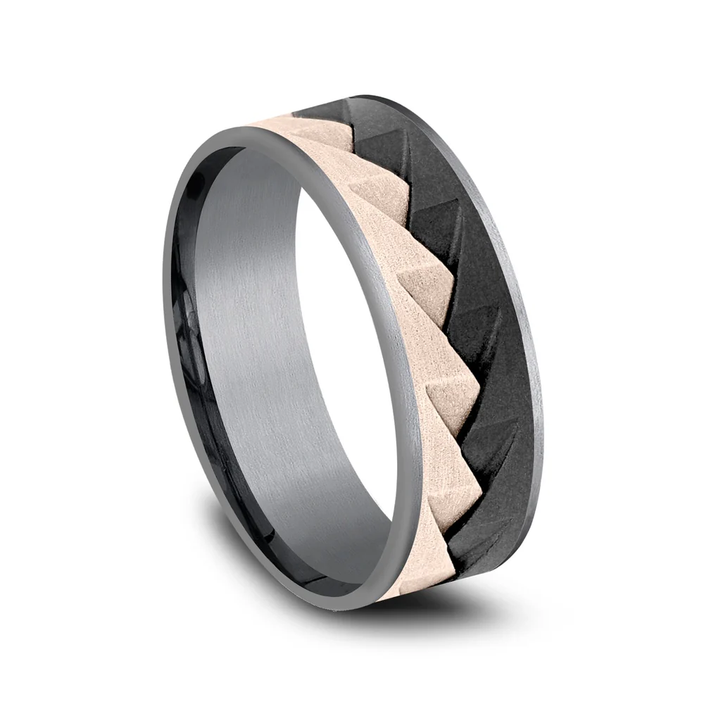 The Range Men's Wedding Band in Grey Tantalum, Black Titanium, and 14K Rose Gold - 7.5mm Width by Ammara Stone - Image 2