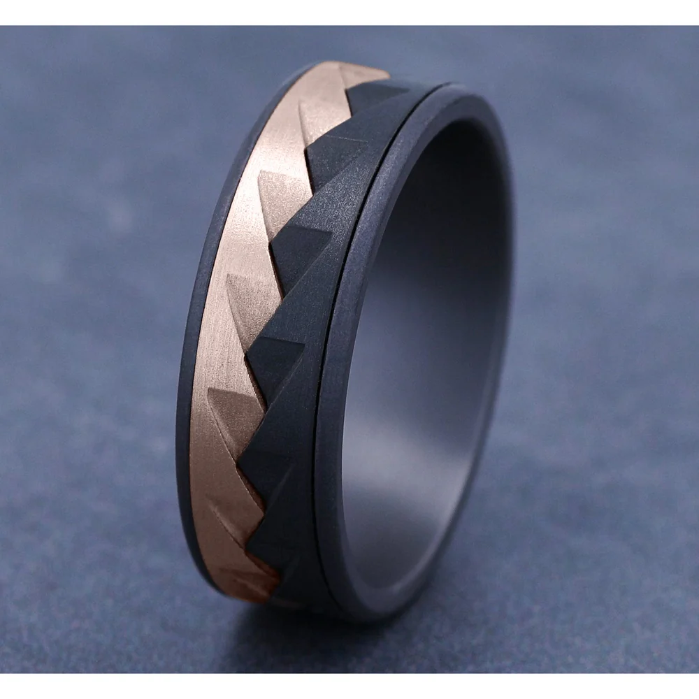 The Range Men's Wedding Band in Grey Tantalum, Black Titanium, and 14K Rose Gold - 7.5mm Width by Ammara Stone - Image 4