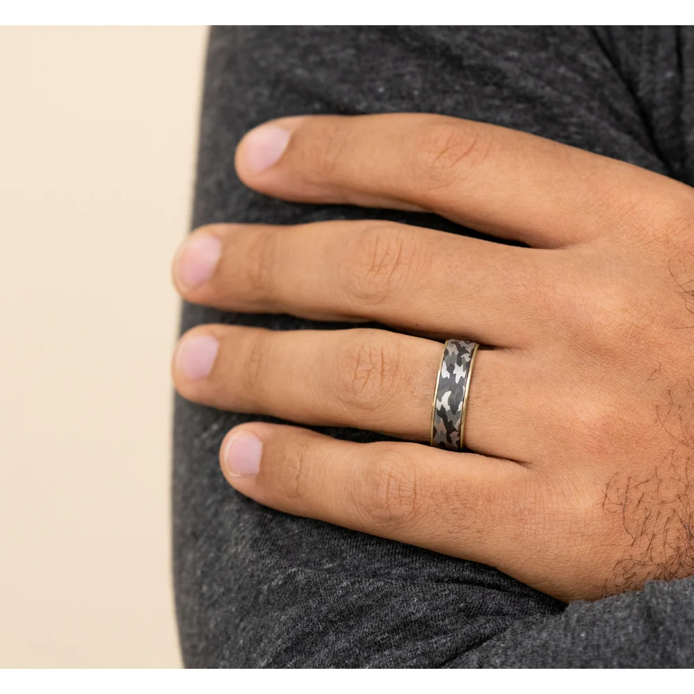 The Rebel Men's Wedding Band in 14K Yellow Gold and Grey Tantalum - 7.5mm Width by Ammara Stone - Image 5