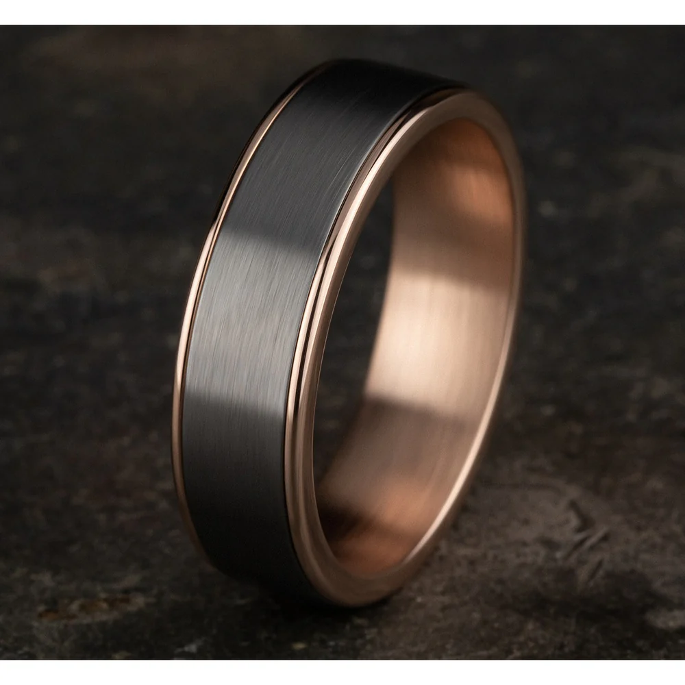 The Rembrandt Men's Wedding Band in 14K Rose Gold and Grey Tantalum - 6.5mm Width by Ammara Stone - Image 4