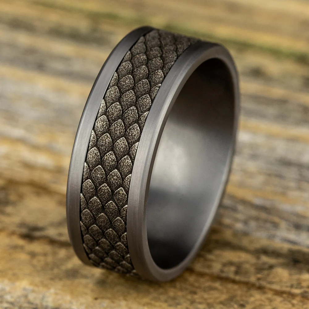 The Rhaegal Men's Wedding Band in Grey Tantalum and 14K White Gold - 8mm Width by Ammara Stone - Image 4