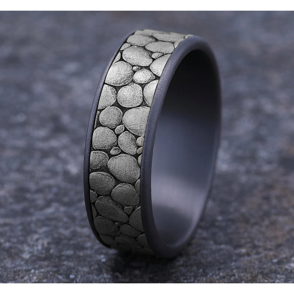 The River Rock Men's Wedding Band in Grey Tantalum and 14K White Gold - 7.5mm Width by Brook and Branch - Image 4
