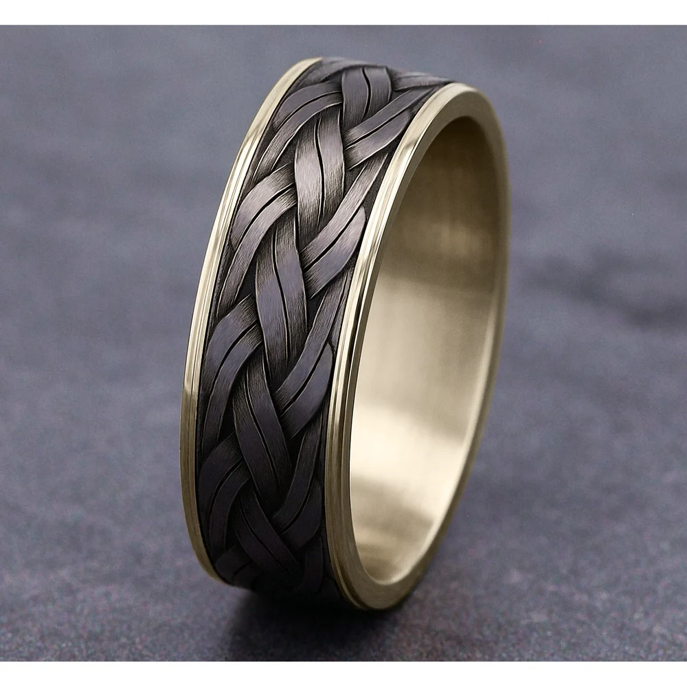 The Rope Men's Wedding Band in 14K Yellow Gold and Grey Tantalum - 7.5mm Width by Ammara Stone - Image 4