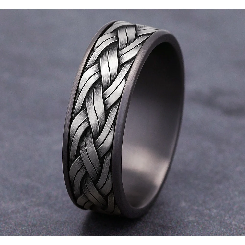 The Rope Men's Wedding Band in Grey Tantalum and 14K White Gold - 7.5mm Width by Ammara Stone - Image 4