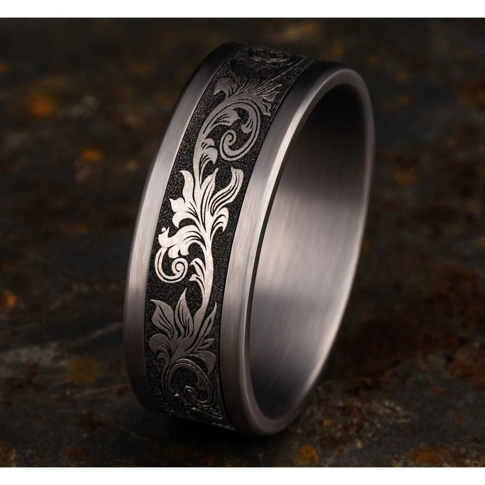 The Royal Men's Wedding Band in Grey Tantalum and Grey/Black Titanium - 8mm Width by Tantalum - Image 4