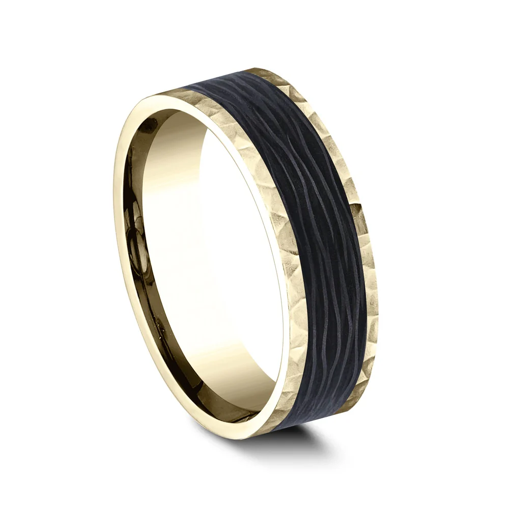 The Sable Men's Wedding Band in 14K Yellow Gold and Forged Carbon Fiber - 7mm Width by Ammara Stone - Image 2