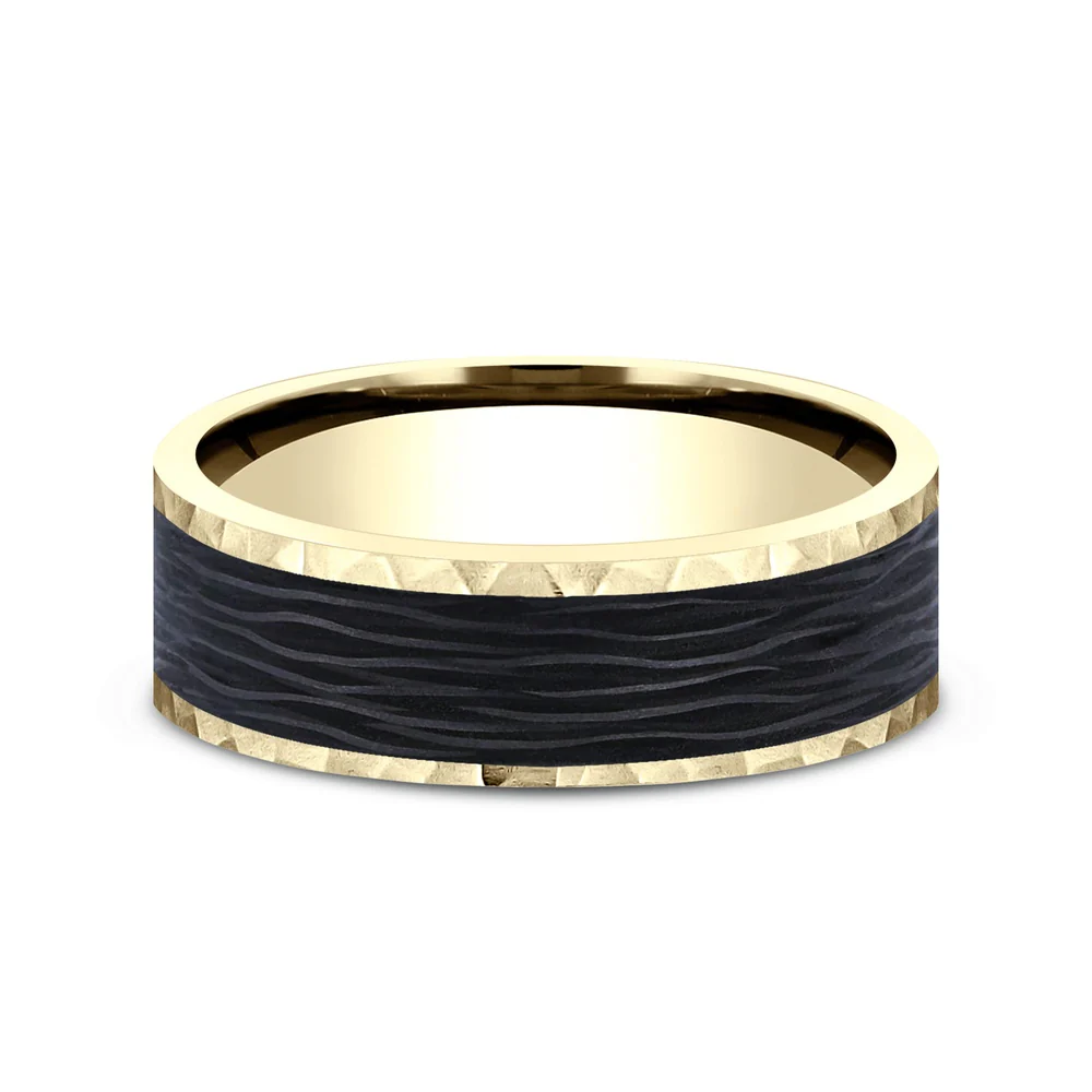 The Sable Men's Wedding Band in 14K Yellow Gold and Forged Carbon Fiber - 7mm Width by Ammara Stone - Image 3