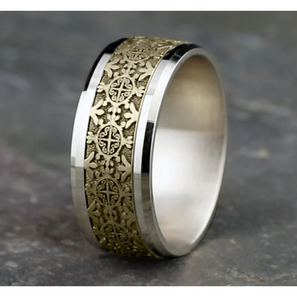 The Saint Men's Wedding Band in 14K White and Yellow Gold - 9mm Width by Benchmark - Image 4