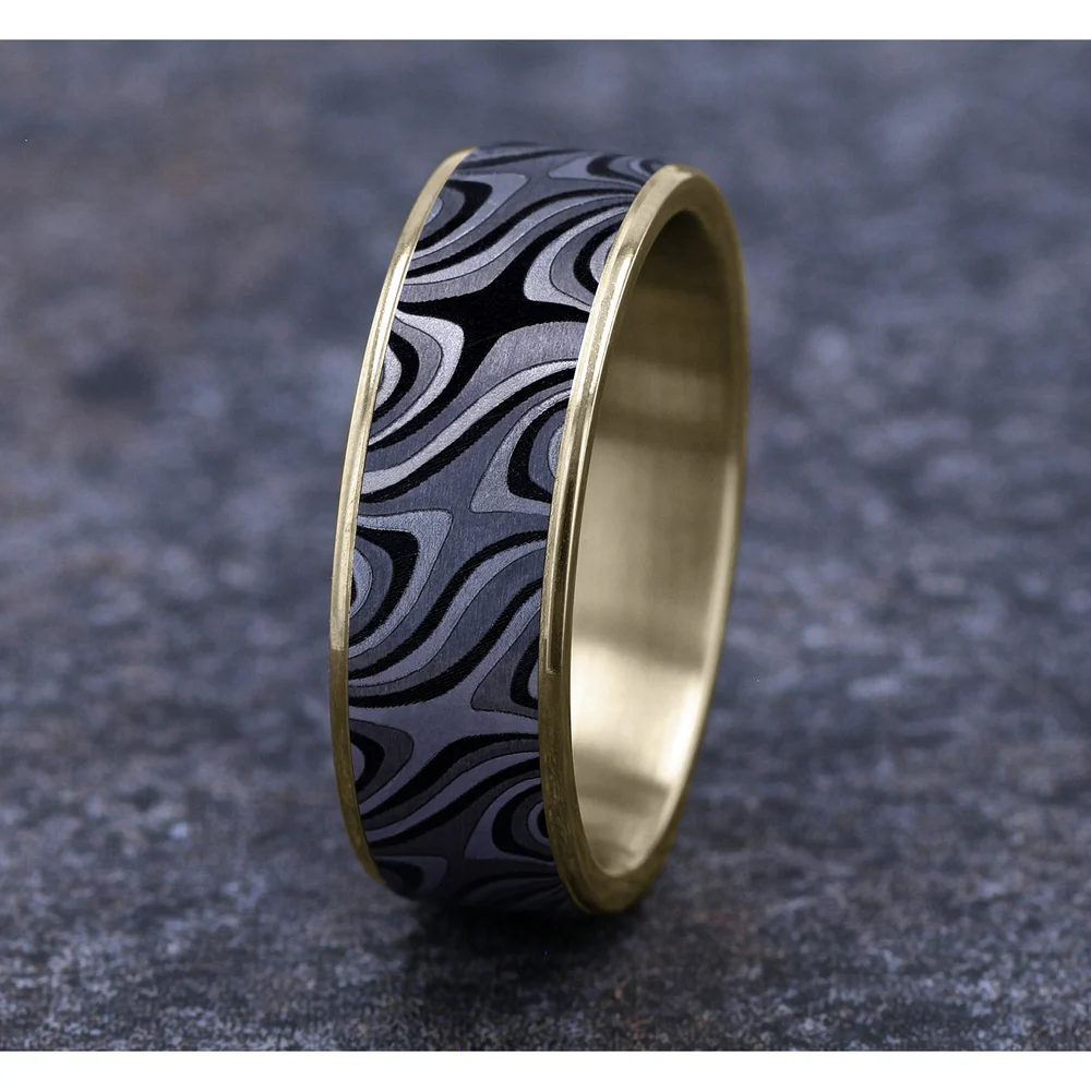 The Saturn Men's Wedding Band in 14K Yellow Gold and Grey Tantalum - 7.5mm Width by Ammara Stone - Image 4