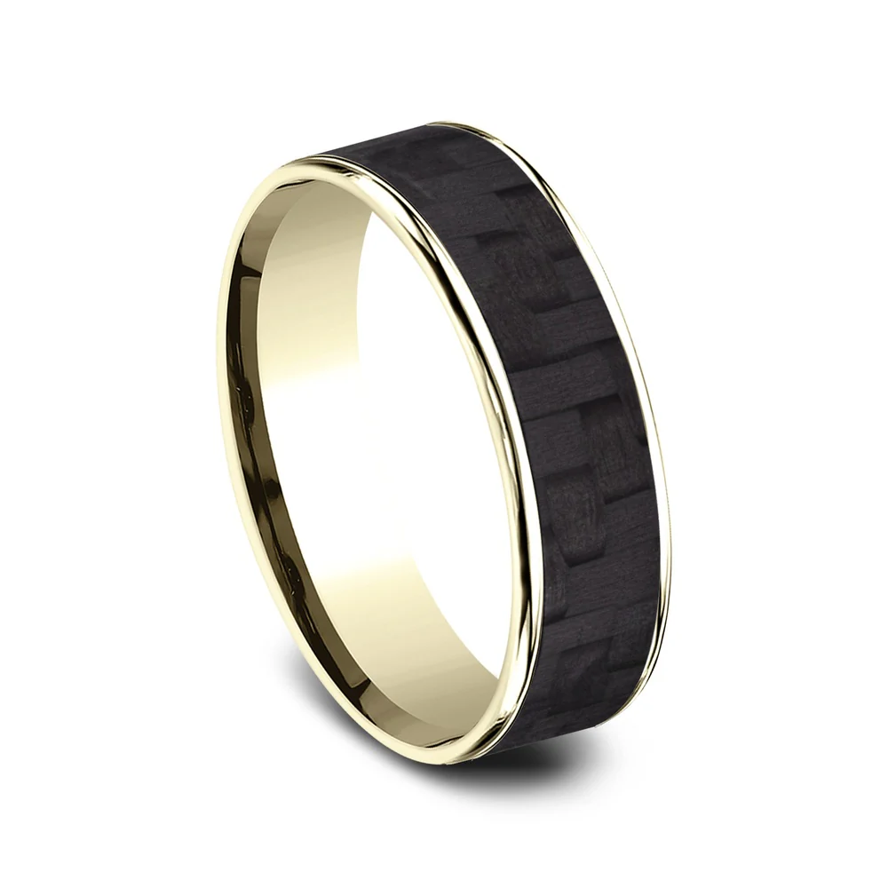 The Schumacher Men's Wedding Band in 14K Yellow Gold and Black Carbon Fiber - 6.5mm Width by Ammara Stone - Image 2