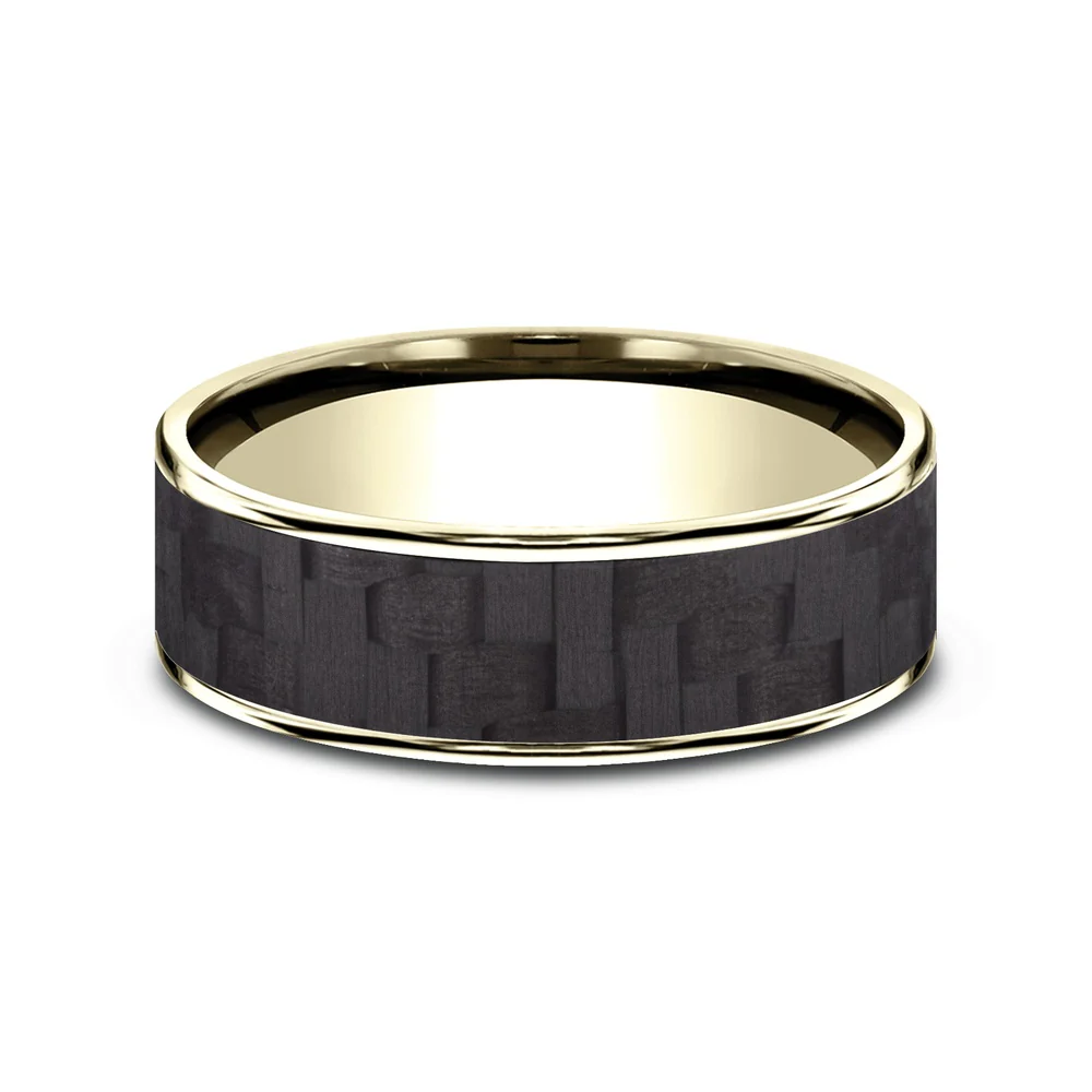 The Schumacher Men's Wedding Band in 14K Yellow Gold and Black Carbon Fiber - 6.5mm Width by Ammara Stone - Image 3