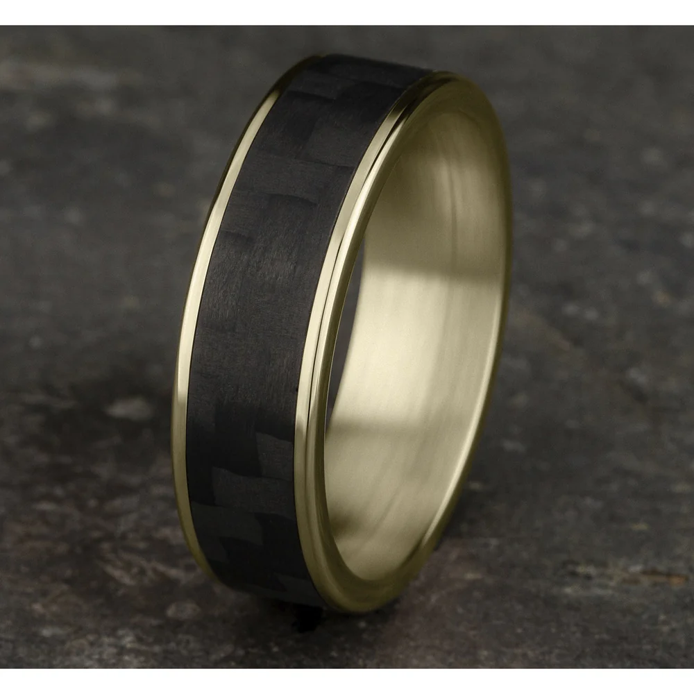 The Schumacher Men's Wedding Band in 14K Yellow Gold and Black Carbon Fiber - 6.5mm Width by Ammara Stone - Image 4