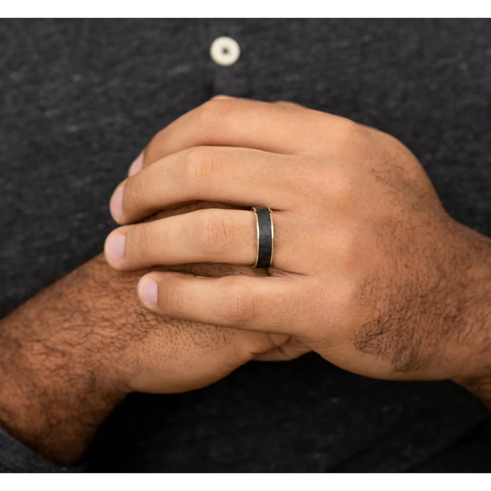The Schumacher Men's Wedding Band in 14K Yellow Gold and Black Carbon Fiber - 6.5mm Width by Ammara Stone - Image 5