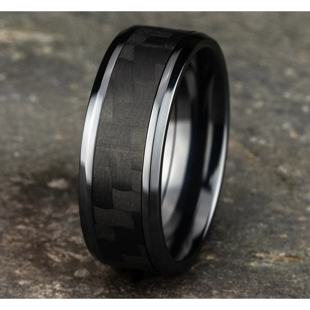 The Senna Men's Wedding Band in Black Titanium and Black Carbon Fiber - 8mm Width by Forge - Image 4