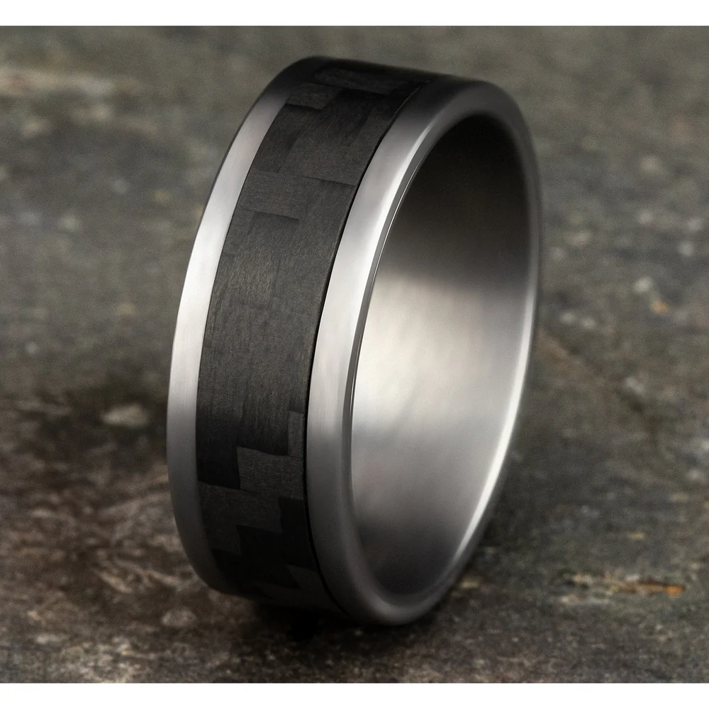 The Senna Men's Wedding Band in Grey Tantalum and Black Carbon Fiber - 8mm Width by Tantalum - Image 4