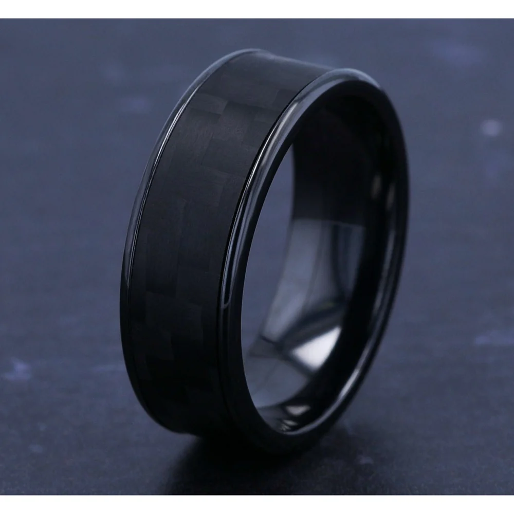 The Shadow Men's Wedding Band in Black Titanium and Black Carbon Fiber - 7.5mm Width by Forge - Image 4