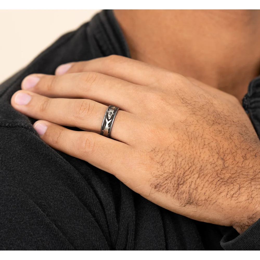 The Skiff Men's Wedding Band in Grey Tantalum and Grey/Black Titanium - 7.5mm Width by Brook and Branch - Image 5