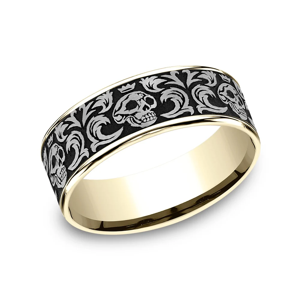 The Skull King Men's Wedding Band in 14K Yellow Gold and Grey/Black Titanium - 7.5mm Width by Ammara Stone