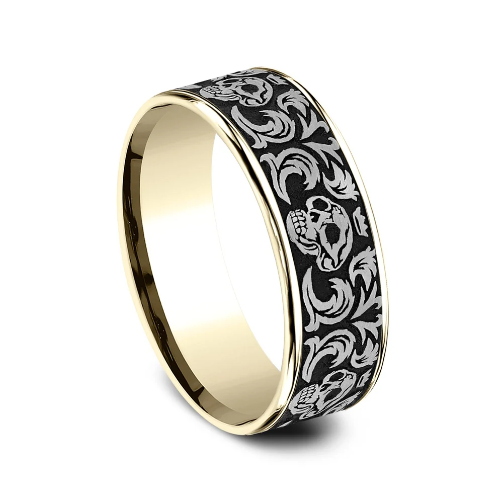The Skull King Men's Wedding Band in 14K Yellow Gold and Grey/Black Titanium - 7.5mm Width by Ammara Stone - Image 2